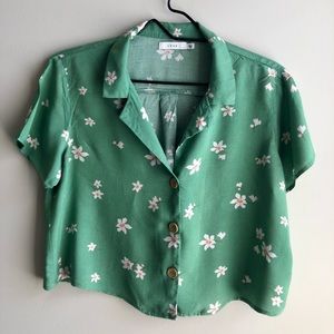 Lush Green Floral Crop Button Up Shirt